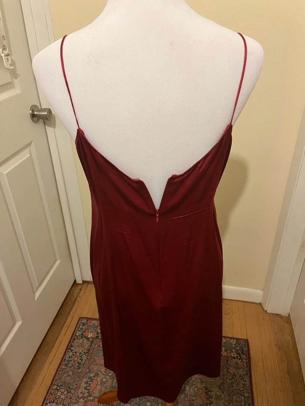 Teri Jon Scarlet Silk Slip Dress with Black Mesh Overlay - Picture 9 of 12